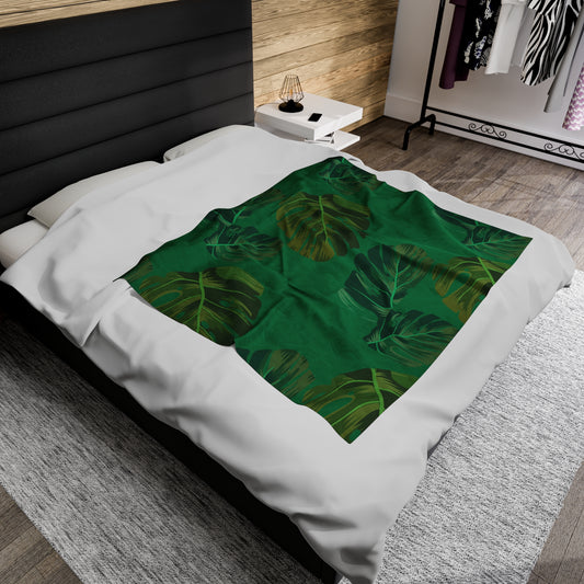 Velveteen Plush Blanket - Big Green Leaf nature Design