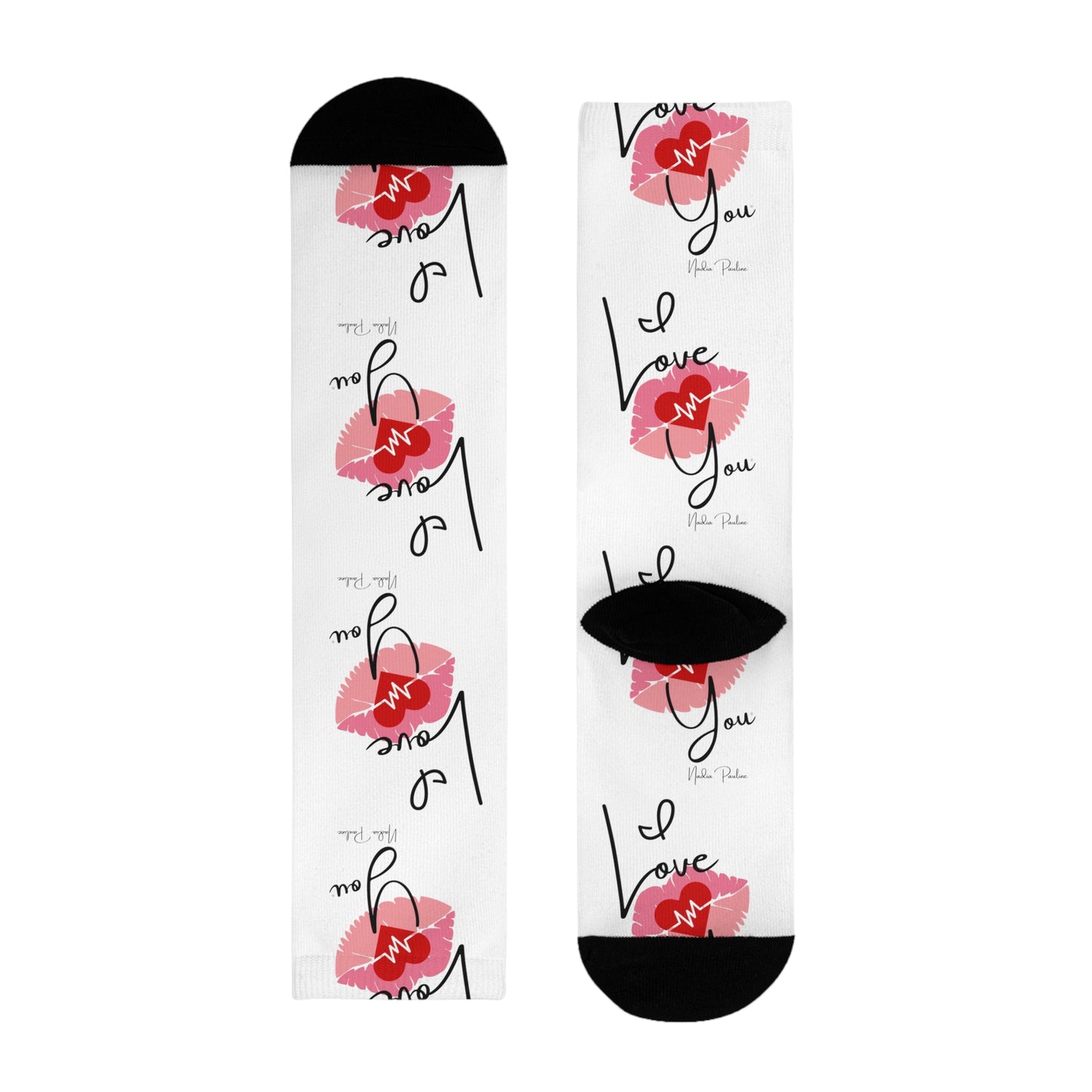 Socks - I Love You Heartbeat Kisses Design Sublimation Crew Socks