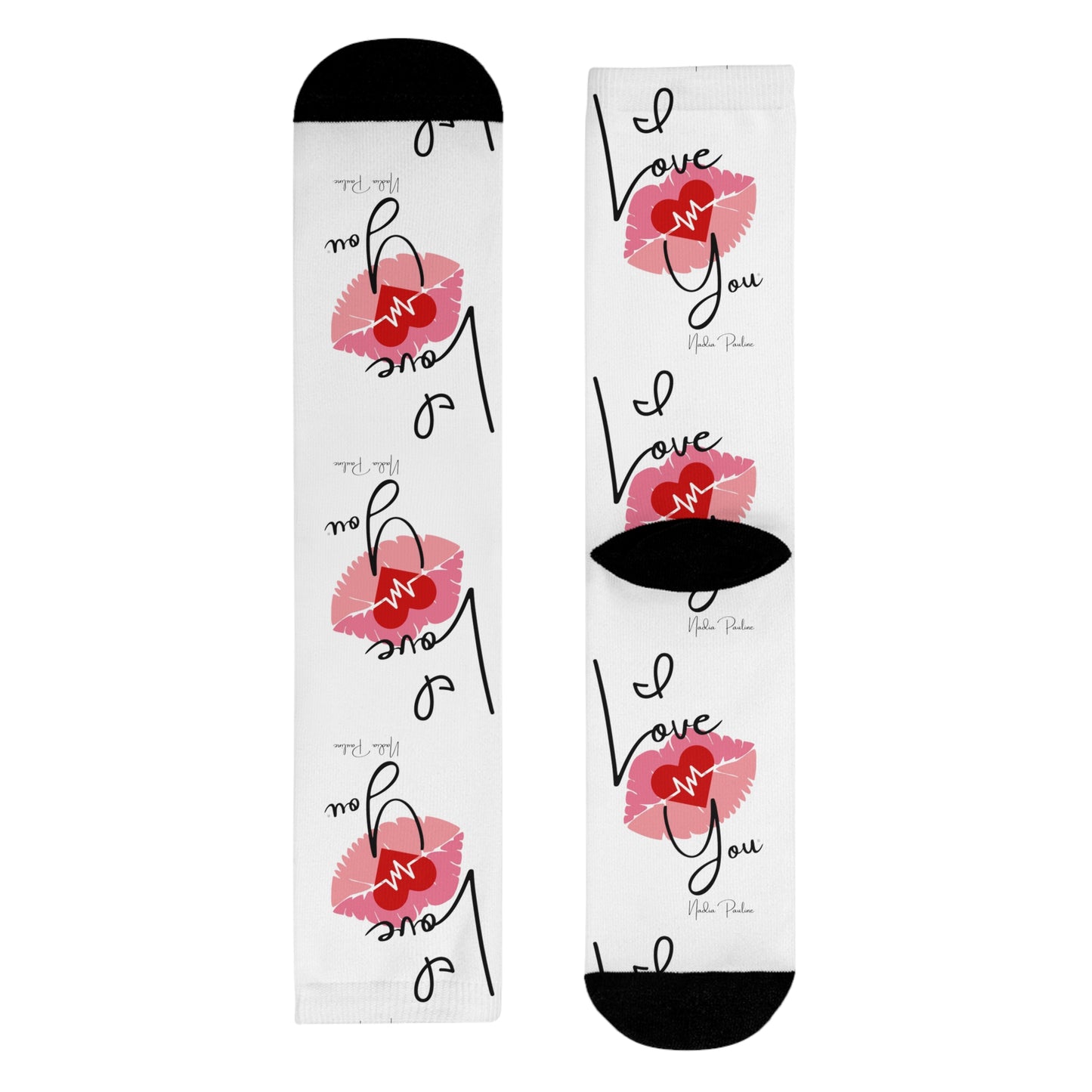 Socks - I Love You Heartbeat Kisses Design Sublimation Crew Socks